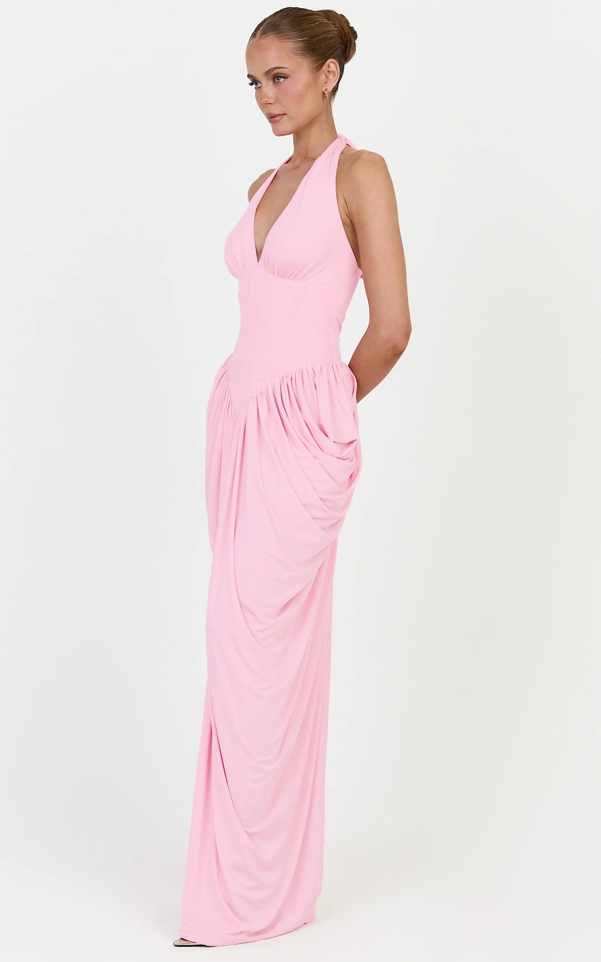 Margaux Maxi Dress - Halter Neck Corset Bodice Draped Dress in Pink
