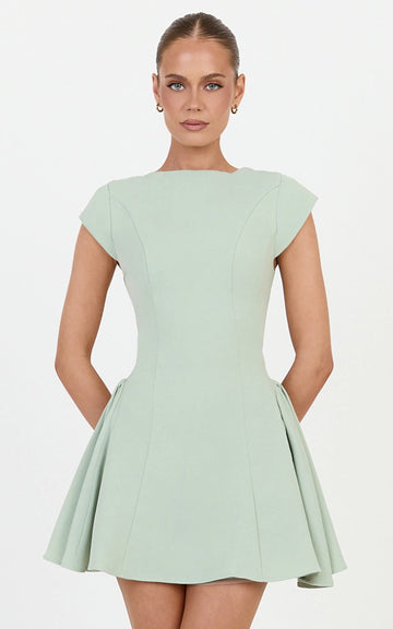 Lorayne Mini Dress - Cap Sleeve Gathered Hip Tie Back Mini Dress in Sage