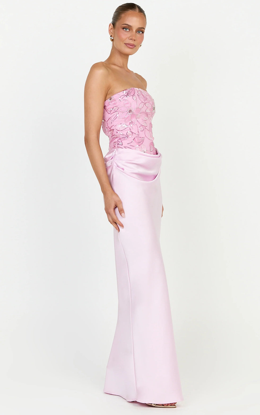 Amie Maxi Dress - Strapless Sequin Bodice Dress With Draped Satin Skirt in Pink