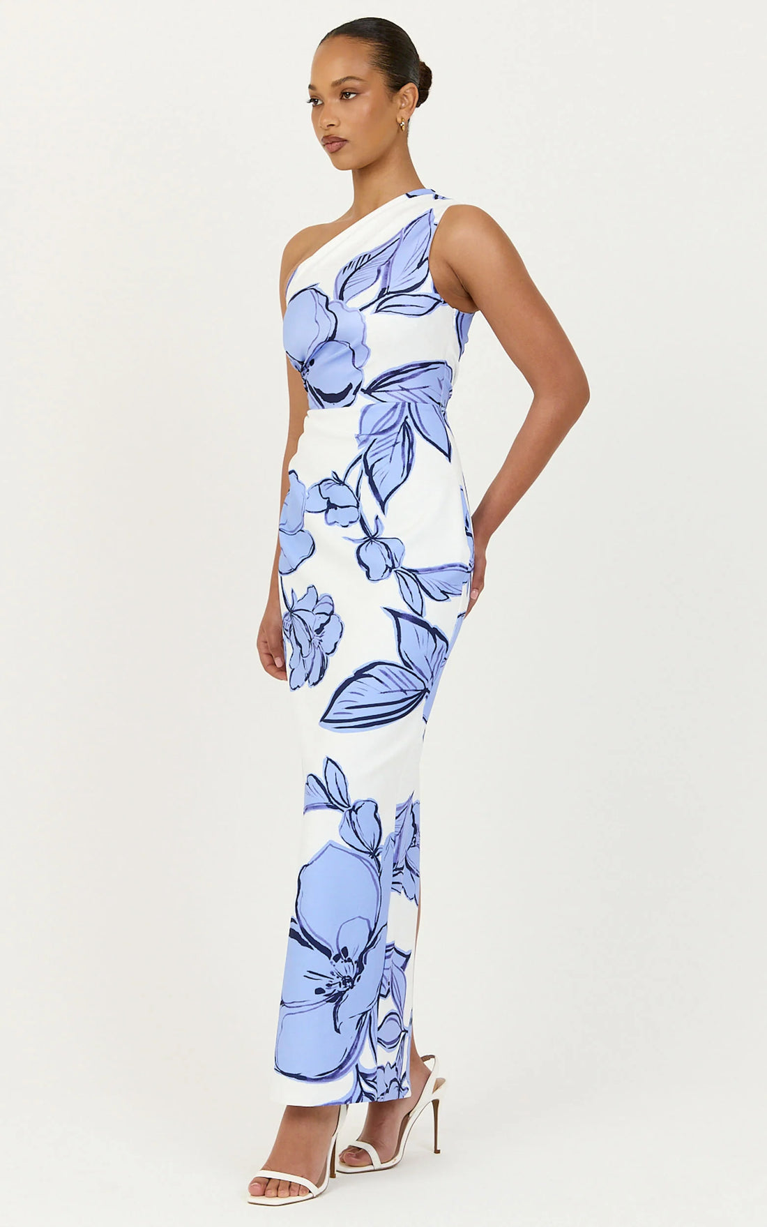 Elke Midi Dress - One Shoulder Fitted Dress in Blue Bouquet Di Fiori Print