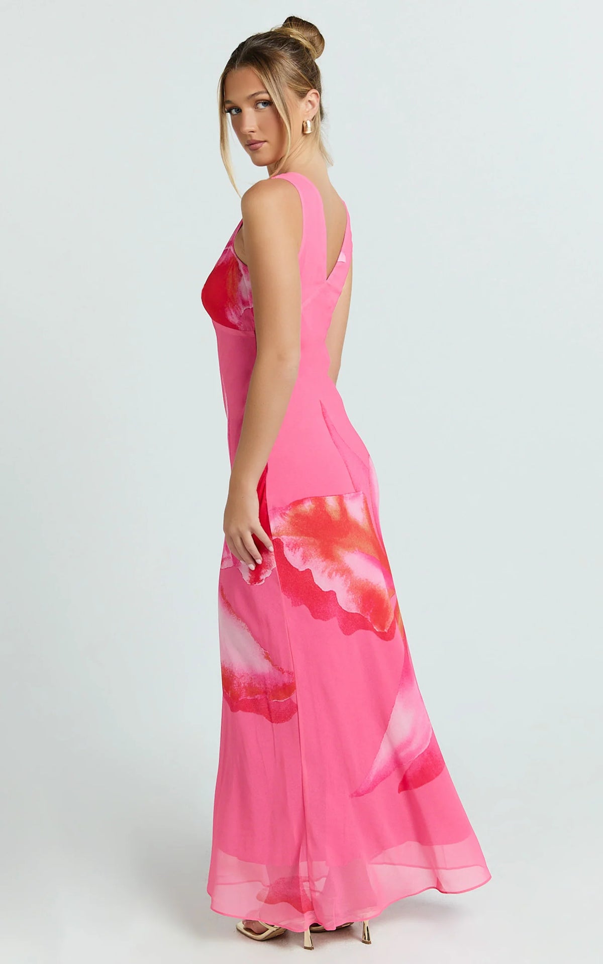 Iris Maxi Dress - Sleeveless V Neckline Dress in Fuschia Floral