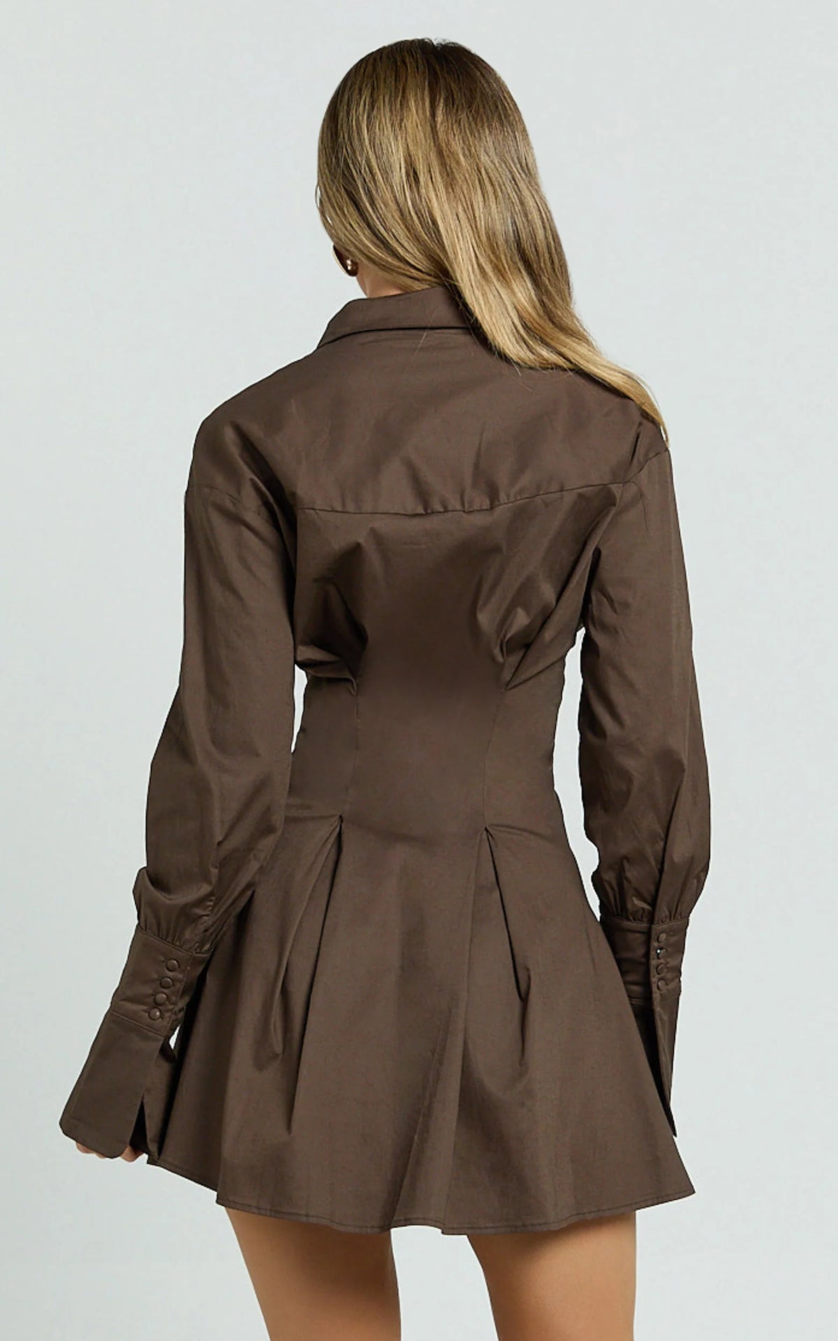 Yasmina Mini Dress - Button Front Long Sleeve Fit And Flare Dress in Dark Chocolate