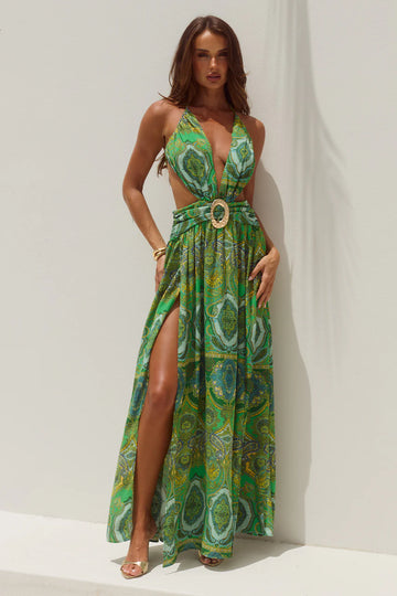FONTANA DEEP PLUNGE MAXI DRESS - INDIANA GREEN