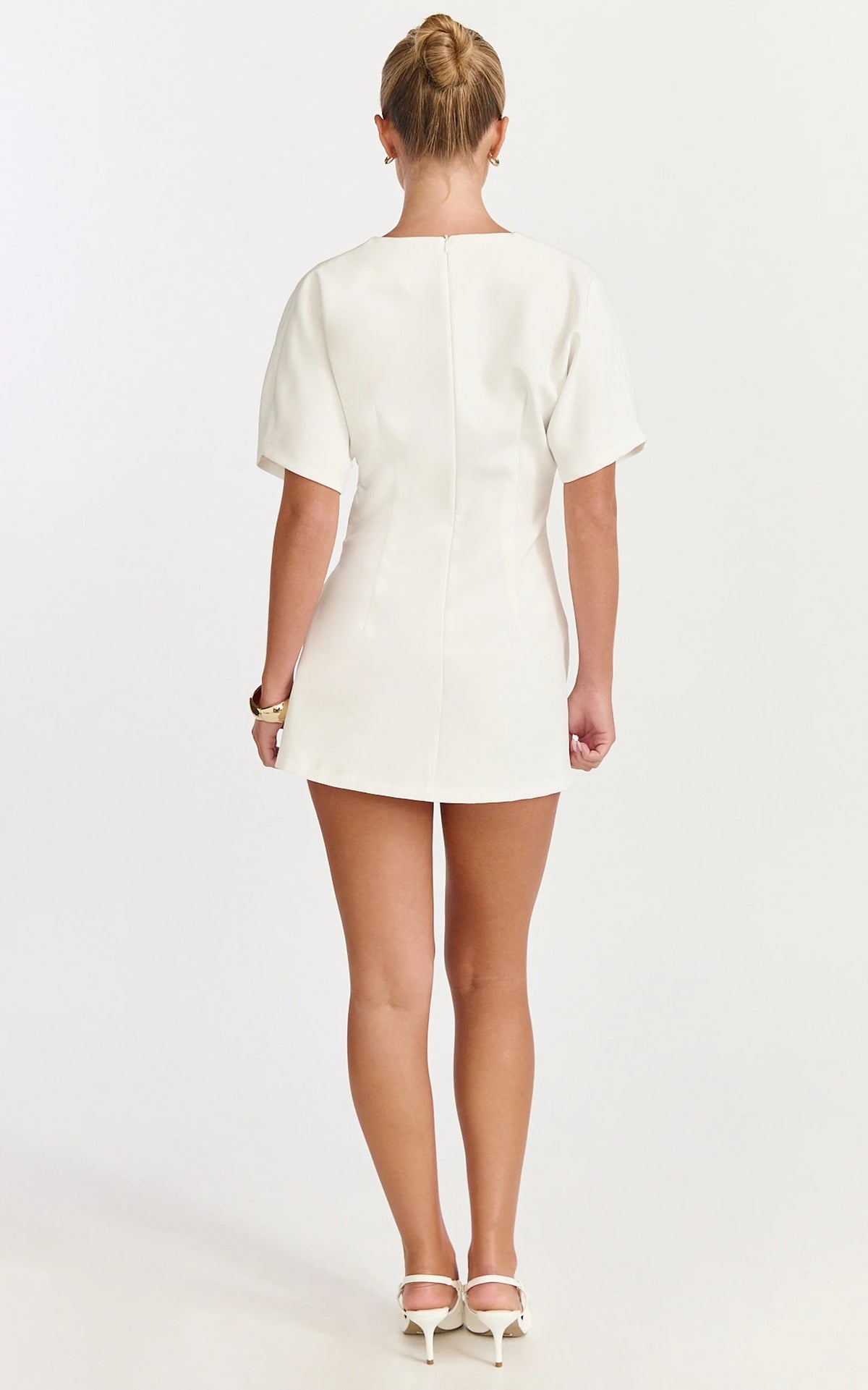 Xena Mini Dress - Mock Wrap Buckle Dress in White