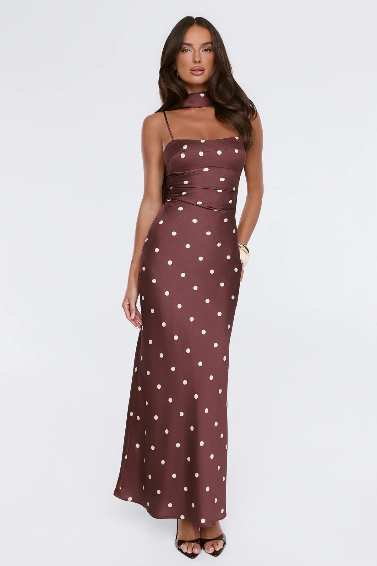 Bloom Star Polka Dot Satin Strapless Maxi Dress Brown