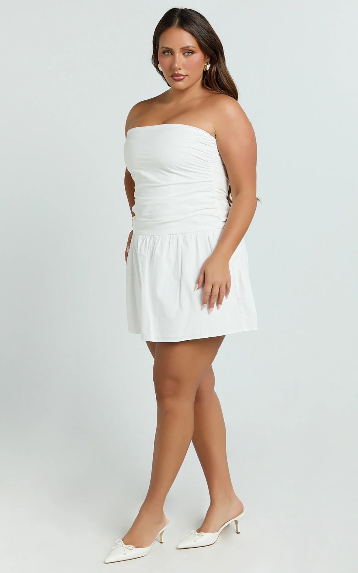 Donatella Mini Dress - Strapless Drop Waist Dress in White