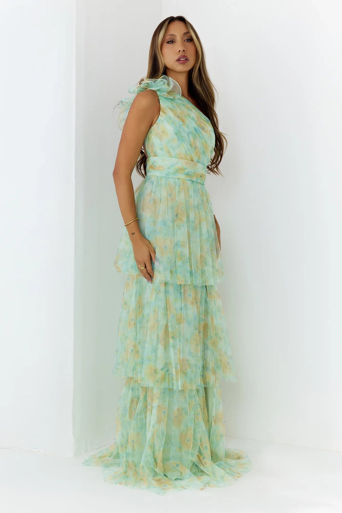 Bloom And Flow One Shoulder Tiered Maxi Dress Green