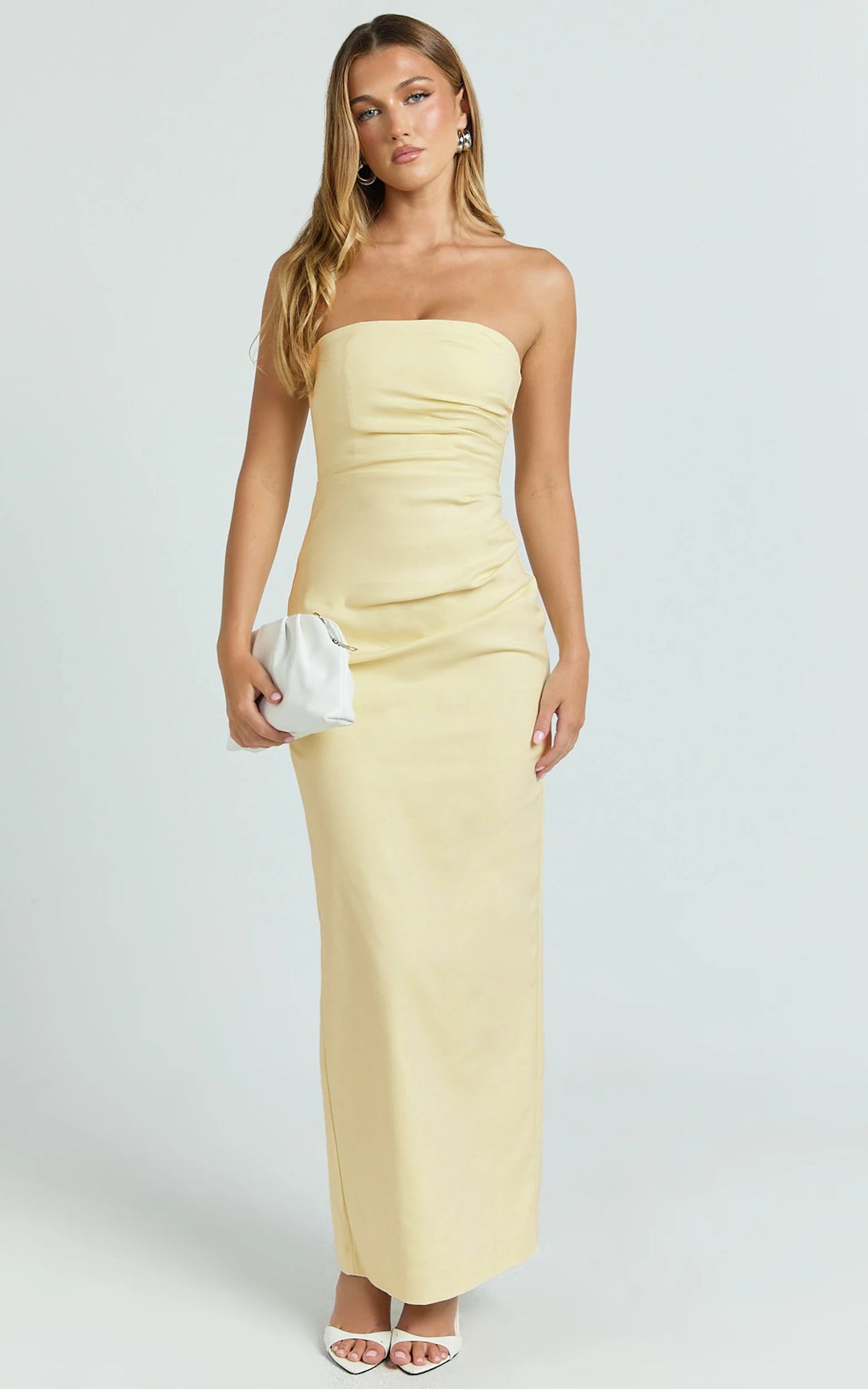 Jamie Maxi Dress - Strapless Ruched Fitted Column Dress in Lemon