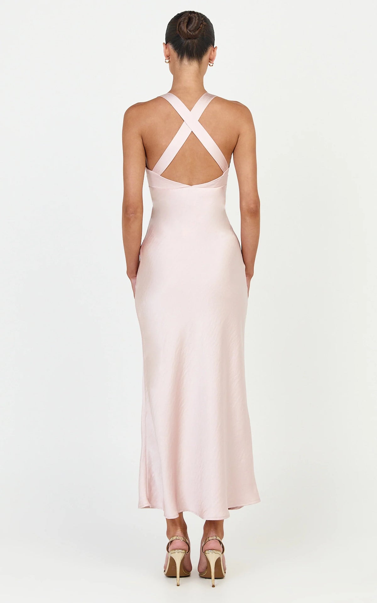Khalani Midi Dress - Deep V Neck Satin Slip Dress in Light Pink