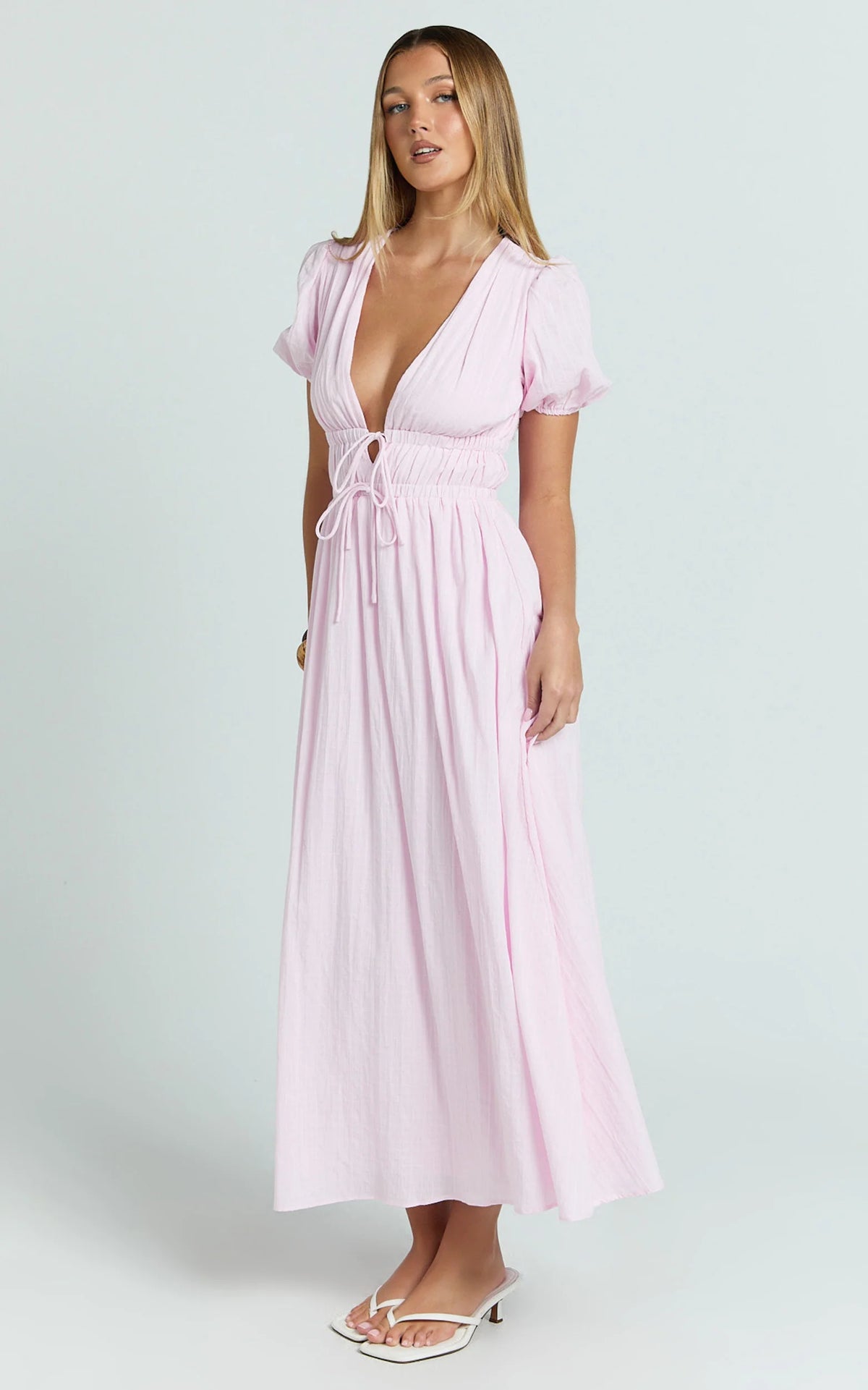 Matteo Midi Dress - Deep V Neck Puff Sleeve Dress in Pink