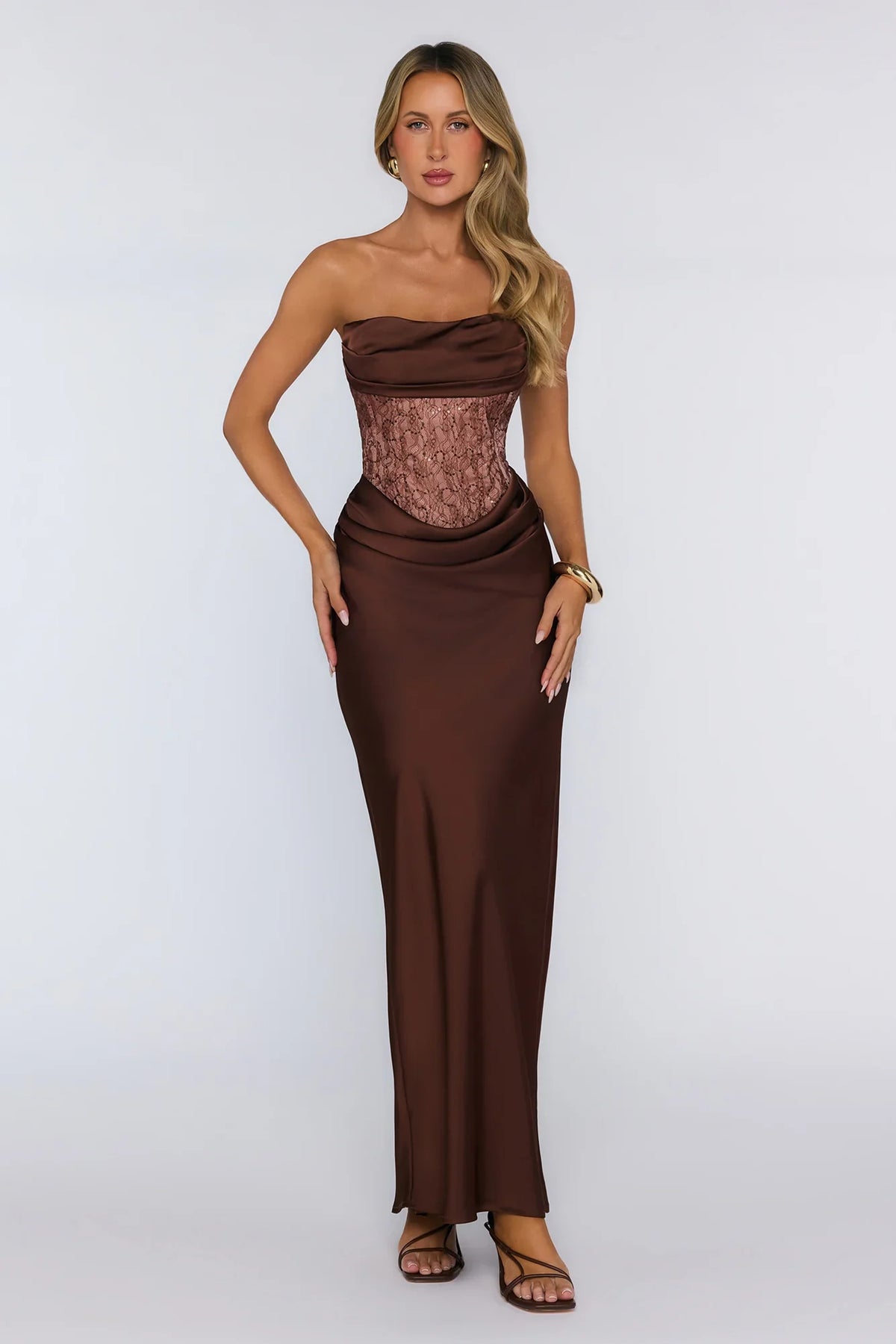 Wave Of Love Strapless Lace Satin Maxi Dress Chocolate