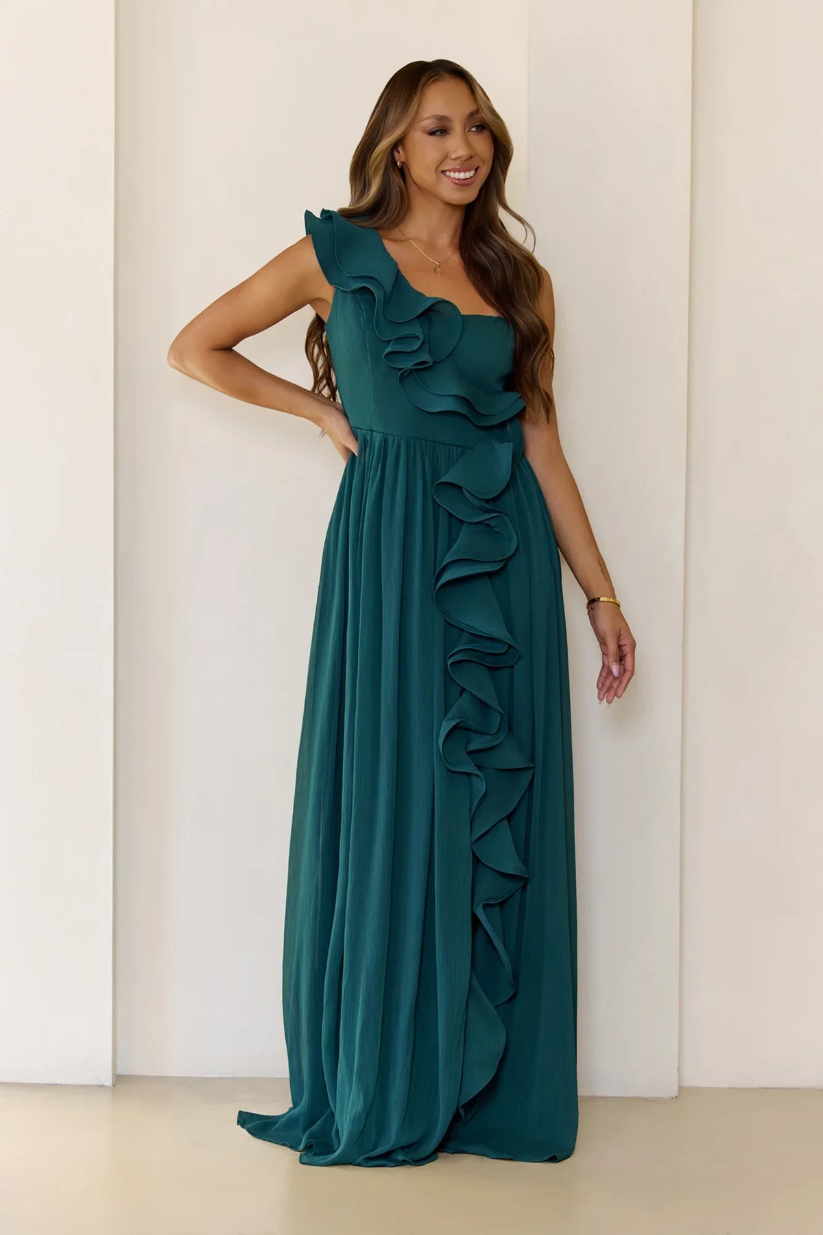 Elegant Frill One Shoulder Maxi Dress Green