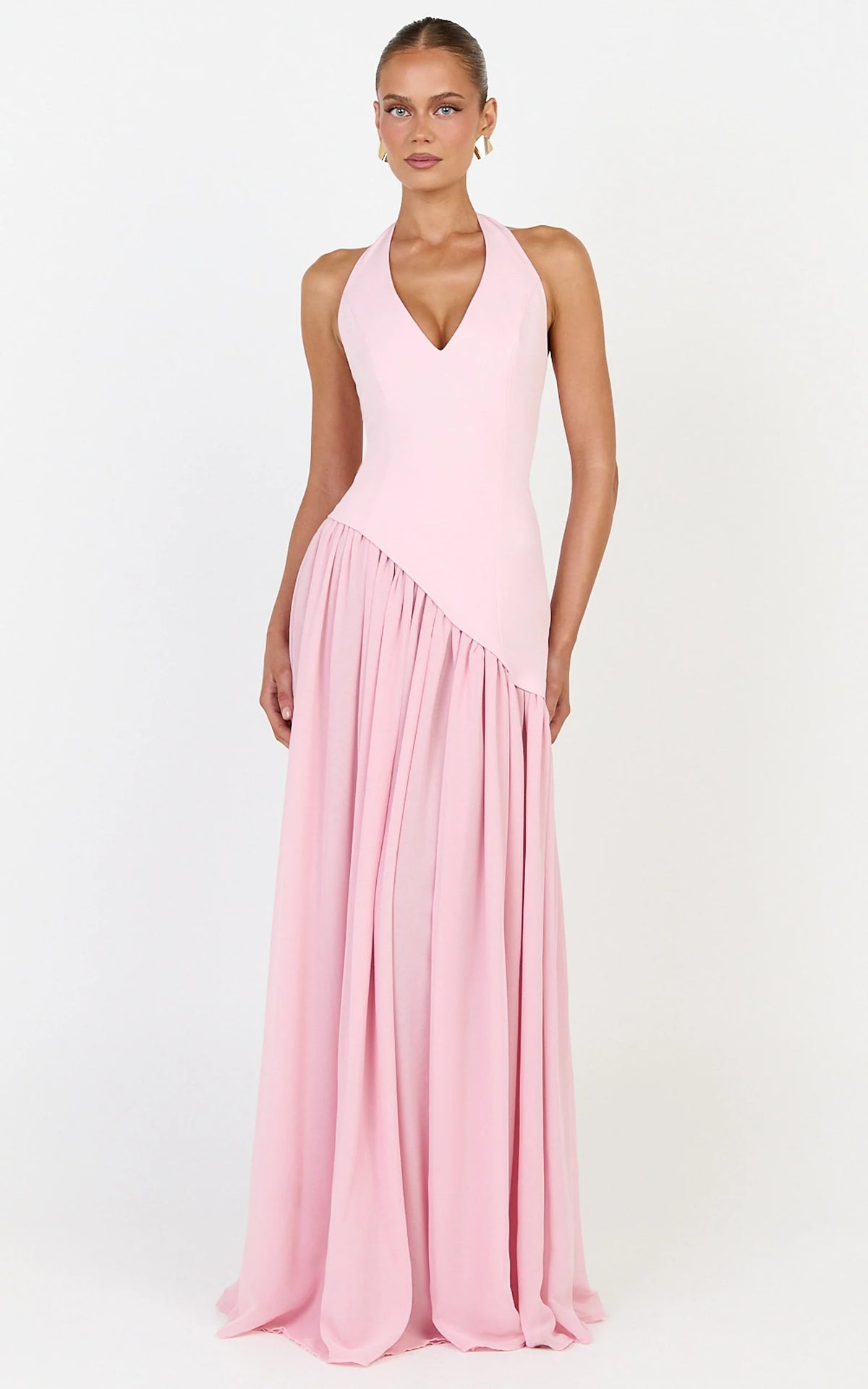 Calla Maxi Dress - Halter Neck Asymmetric Dropped Waist Dress in Pink