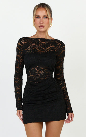 Skye Mini Dress - Lace Long Sleeve Draped Skirt Dress in Black