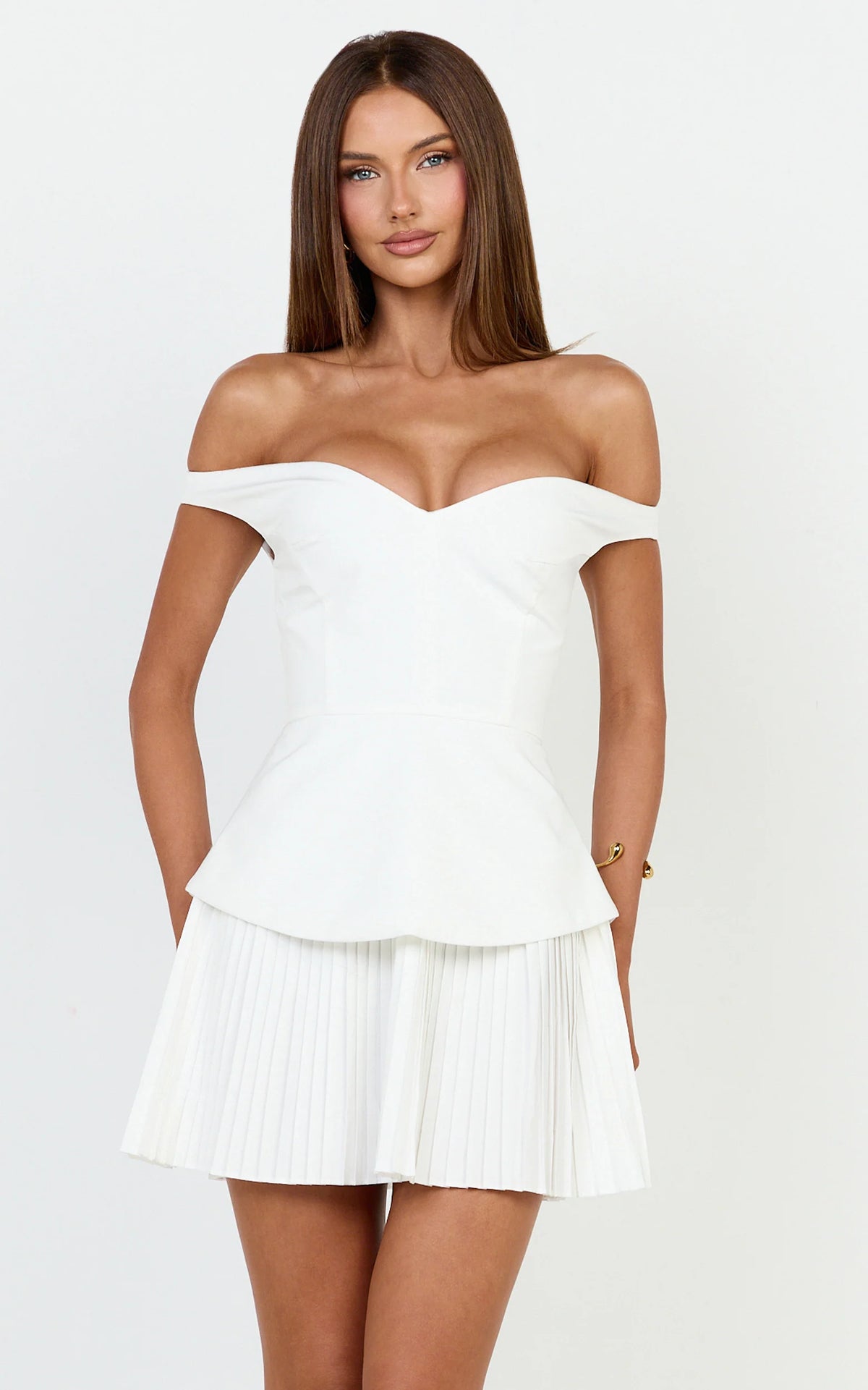 Izara Mini Dress - Off Shoulder Pleated Dress in Off White
