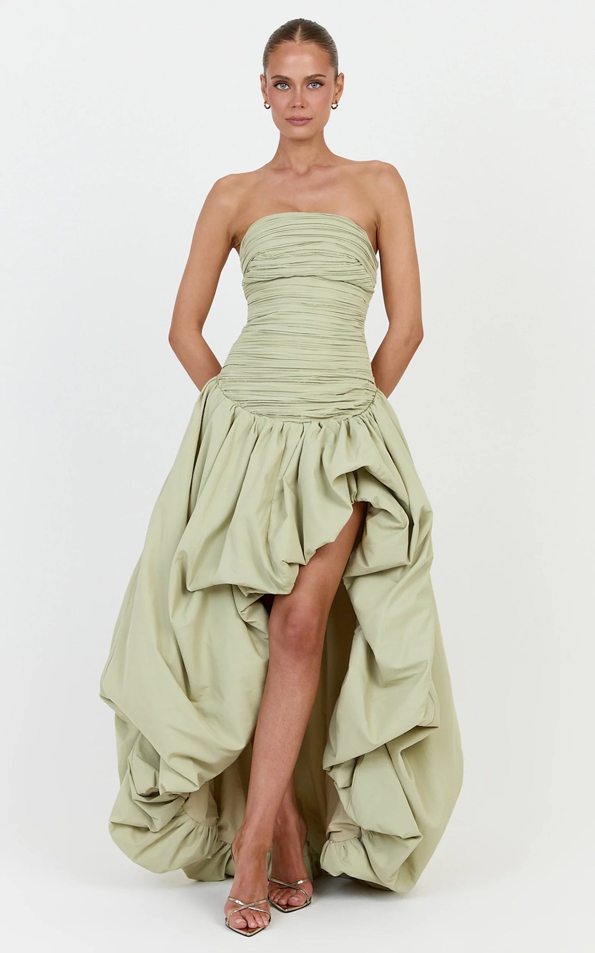 Esme Maxi Dress - Strapless Gathered Bodice Asymmetric Bubble Hem Dropped Waist Dress in Pistachio