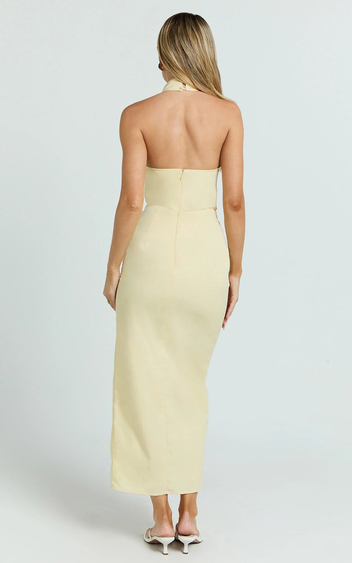 Finn Midi Dress - Folded Cowl Halter With Front Leg Split in Lemon