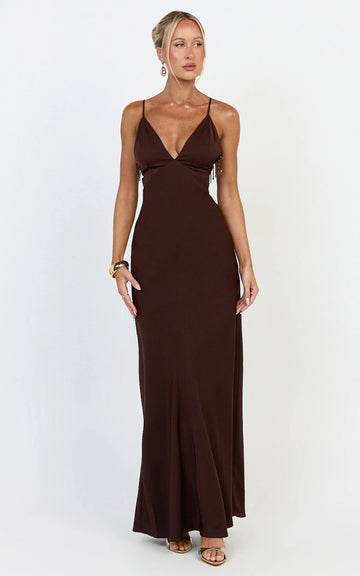 Azura Maxi Dress - Backless Beaded Trim Dress in Chocolate