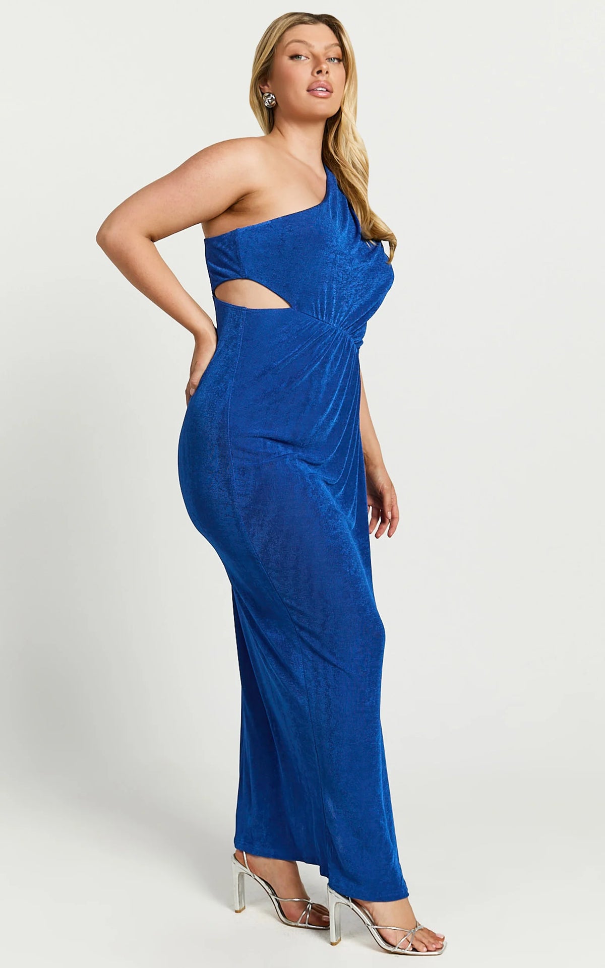 Cristle Midi Dress - One Shoulder Side Cut Out Thigh Split Dress in Cobalt