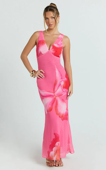 Iris Maxi Dress - Sleeveless V Neckline Dress in Fuschia Floral