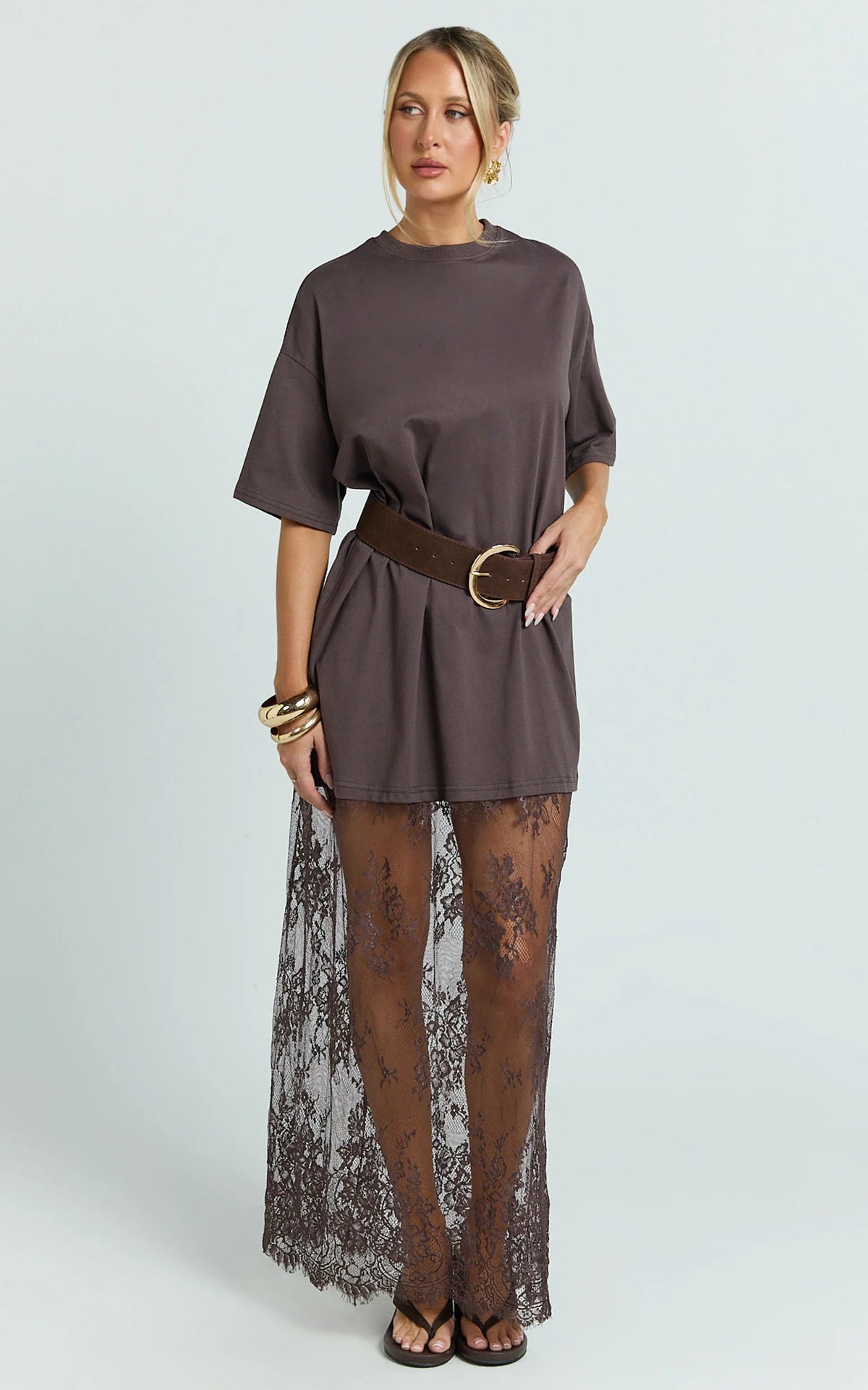 Jonna Midi Dress - Longline Lace Insert Tee in Chocolate
