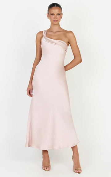 Calix Midi Dress - One Shoulder Slip Dress in Pink