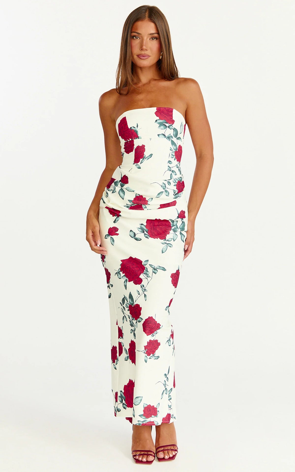 Dahlia Midi Dress - Strapless Draped Cowl Waist Fitted Dress in Scarlet Rose Print