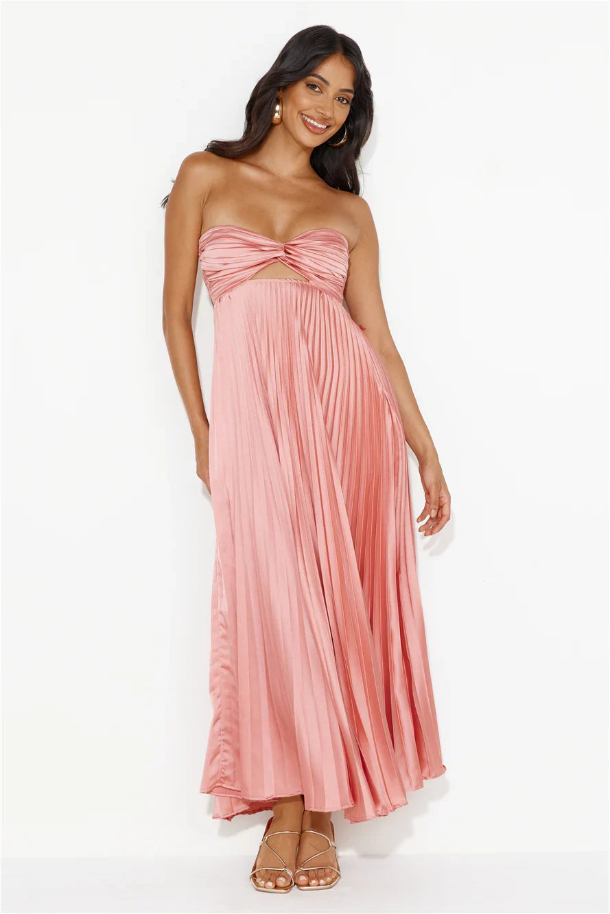 Clouds Of Love Strapless Pleated Maxi Dress Pink