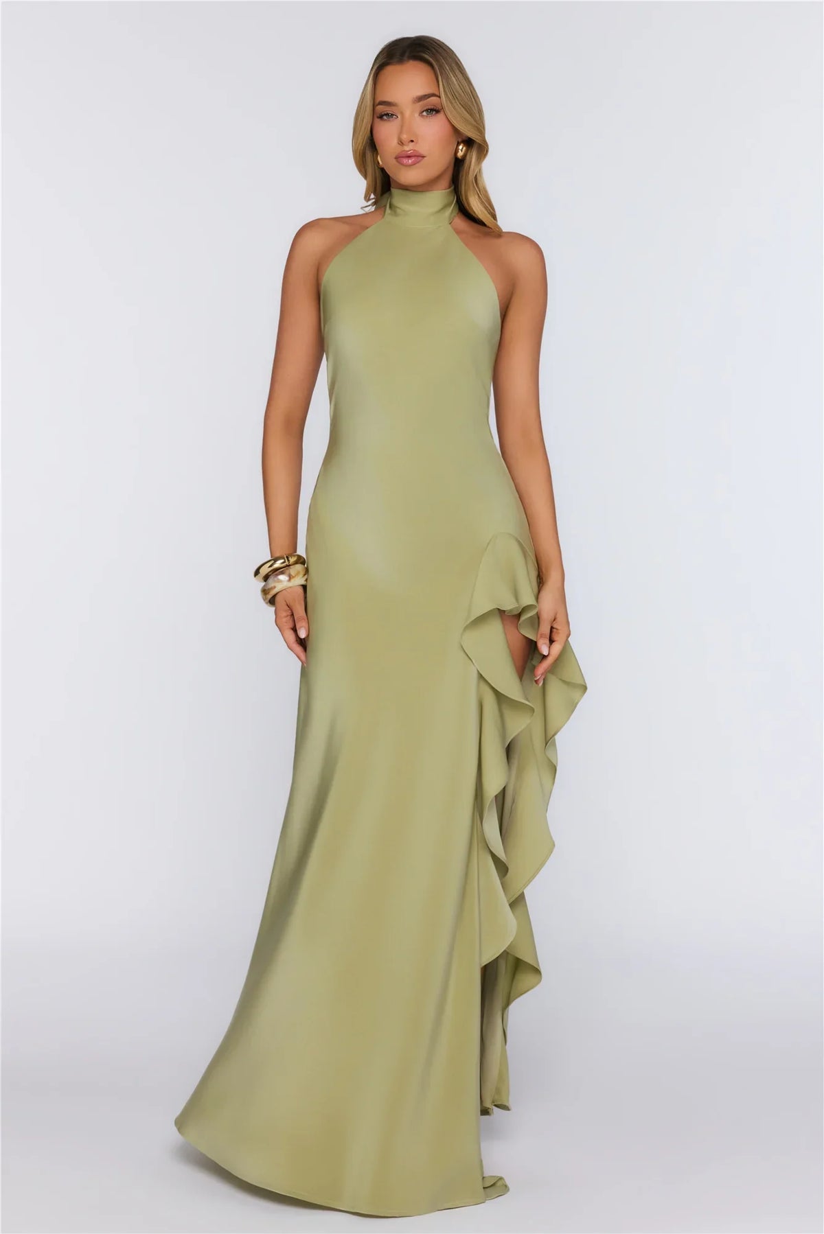 Dreamlight Halter Satin Maxi Dress Khaki