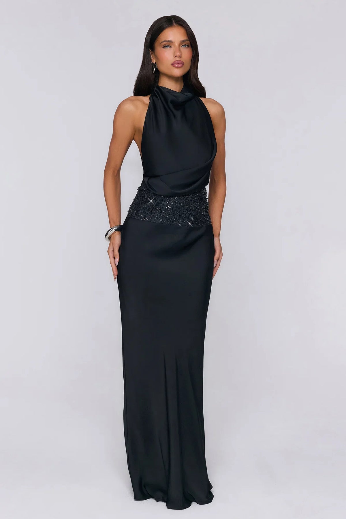 Gossip And Glitter Halter Satin Maxi Dress Black