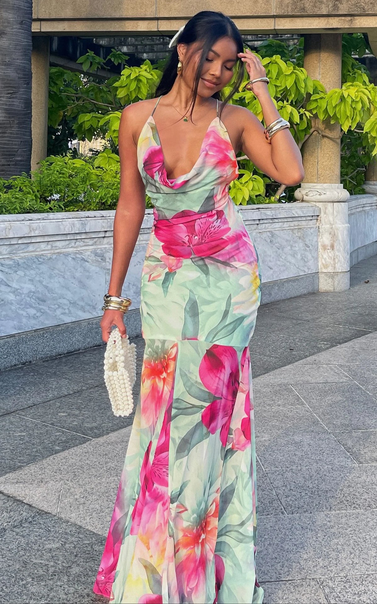 Edwina Maxi Dress - Georgette Cowl Neck Sheer Skirt Dress in Abstract Floral