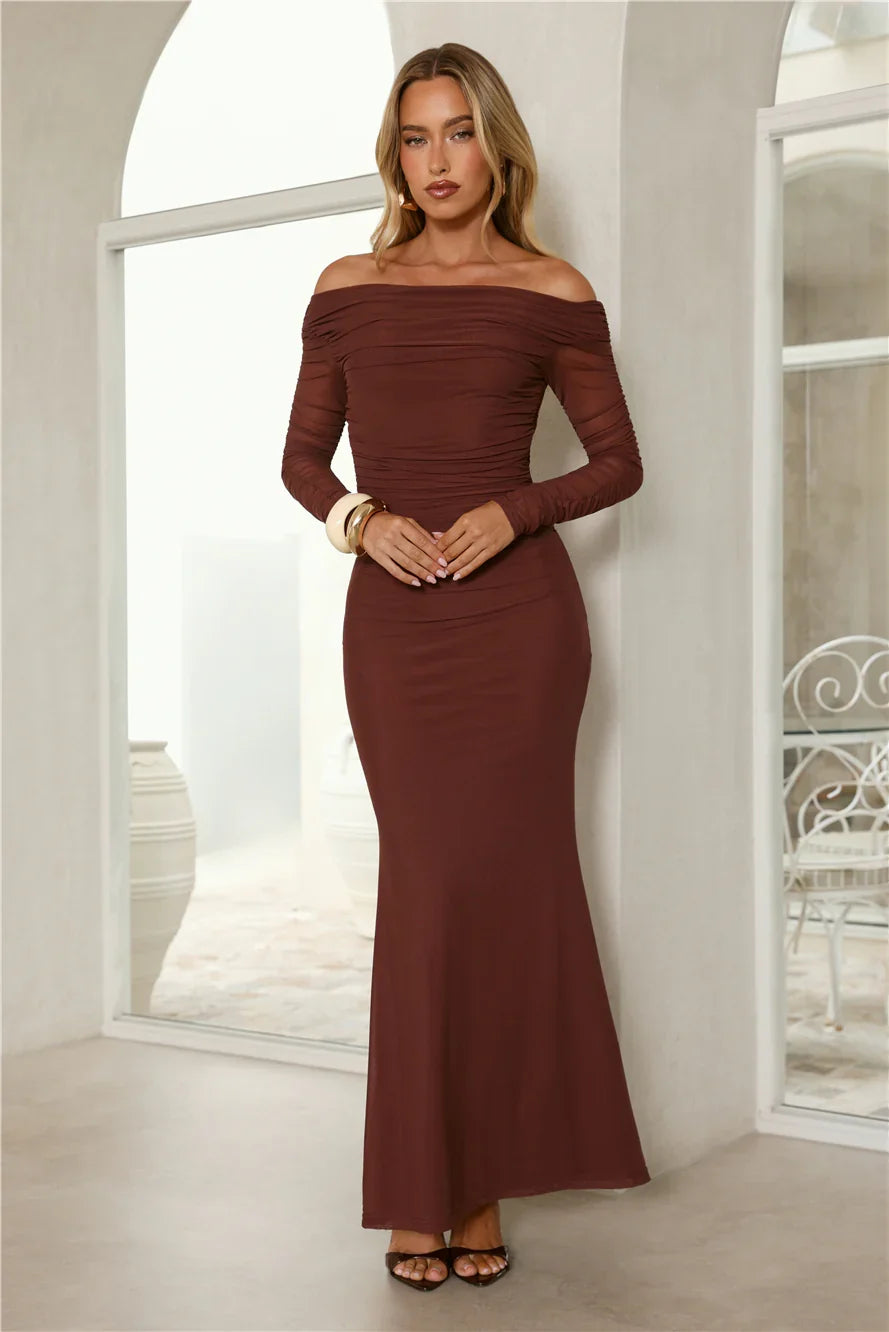 Glam Mesh Off-Shoulder Maxi Dress Rust