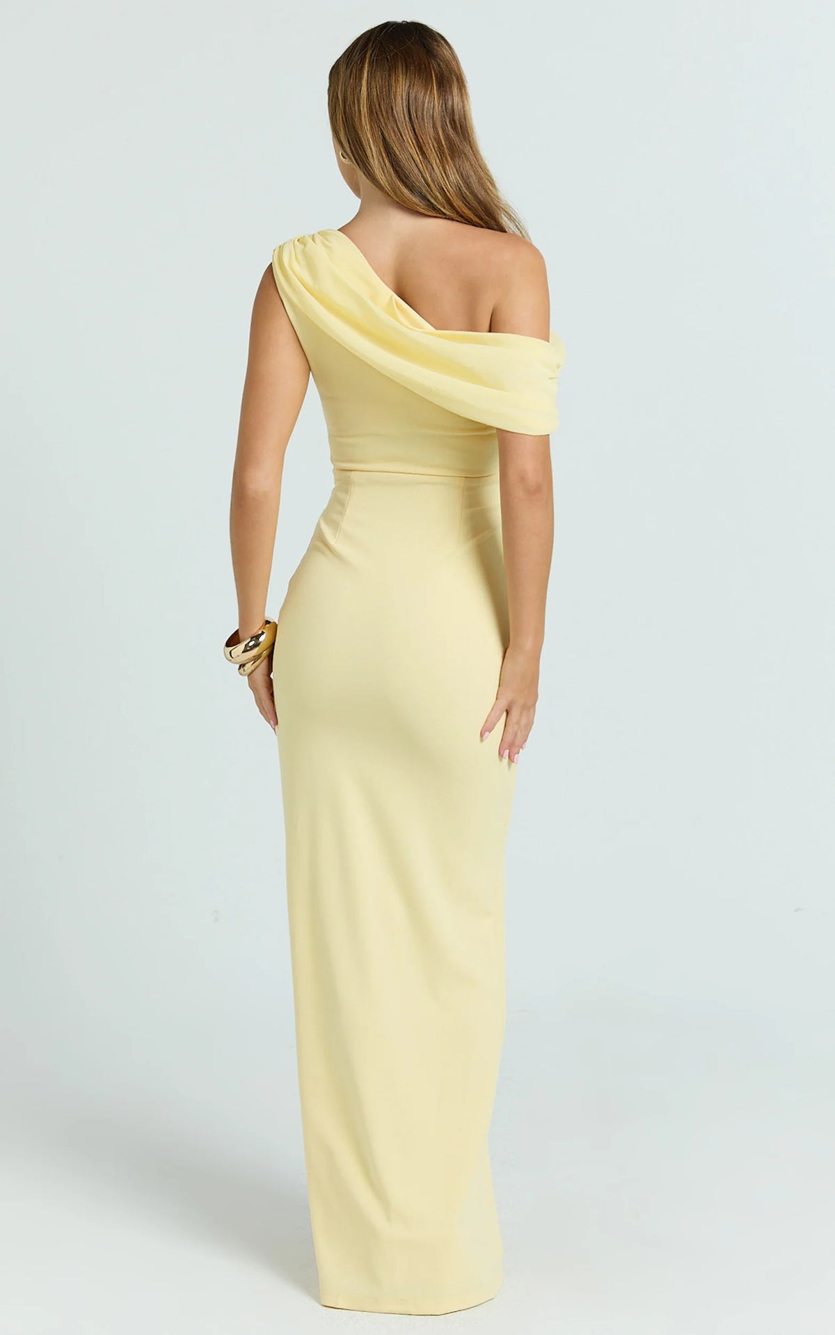 Helen Maxi Dress - One Shoulder Draped Fitted Dress in Lemon