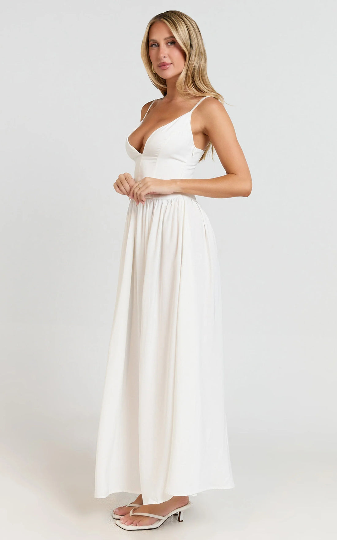 Jamilla Midi Dress - Plunge Drop Waist High Leg Split Dress in Off White