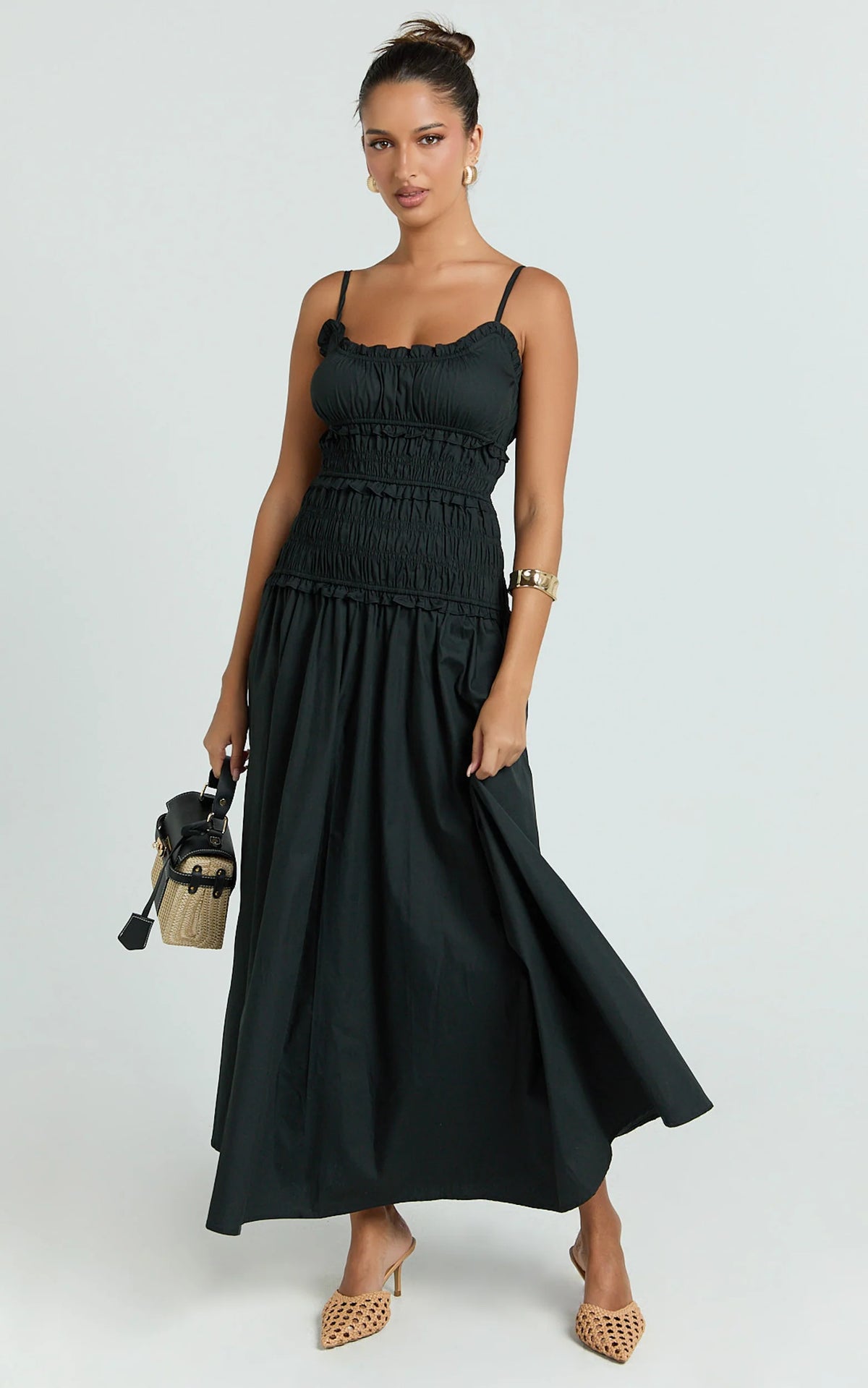 Cami Midi Dress - Rushed Bodice Dress in Black