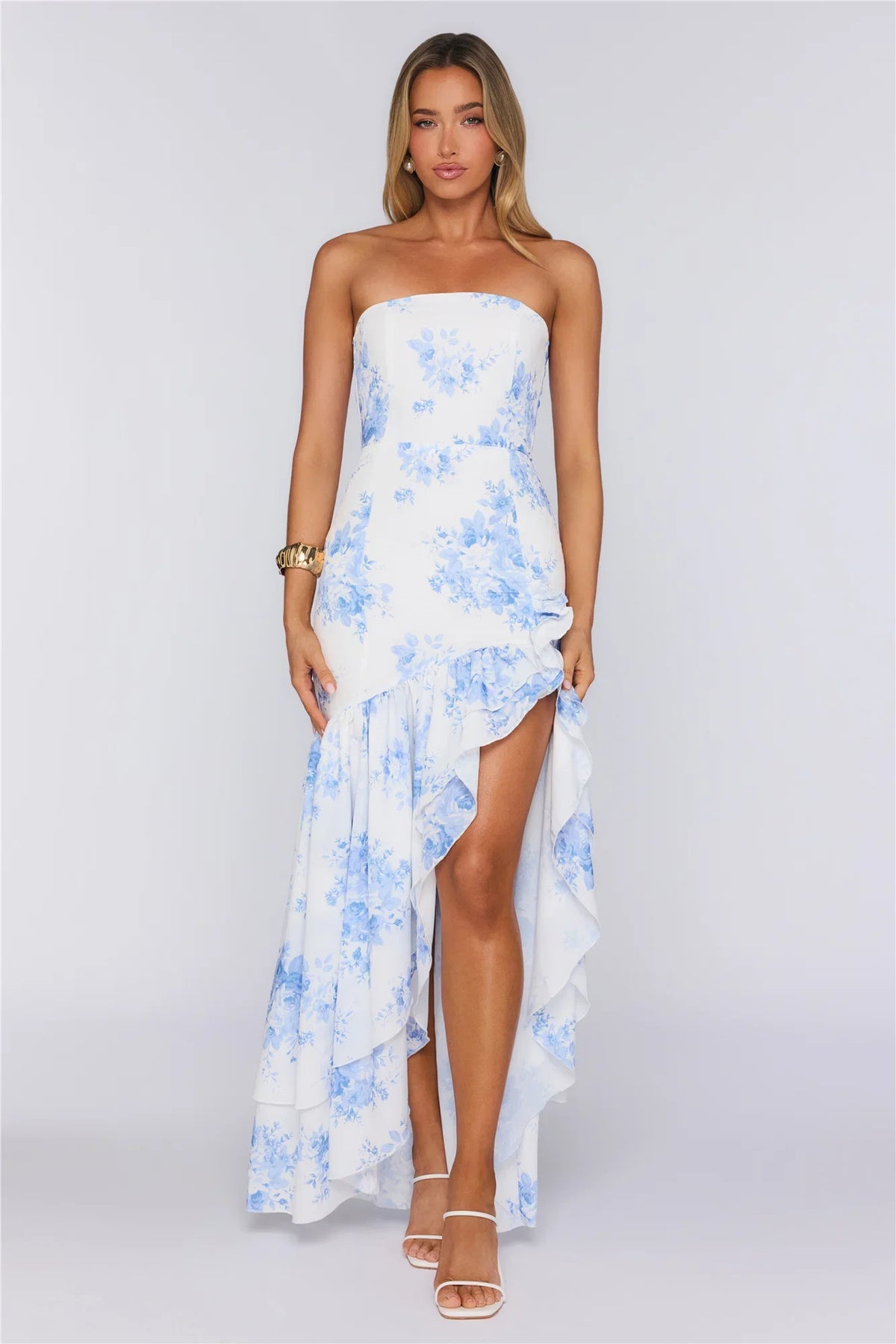 Floral Float Strapless Maxi Dress Blue