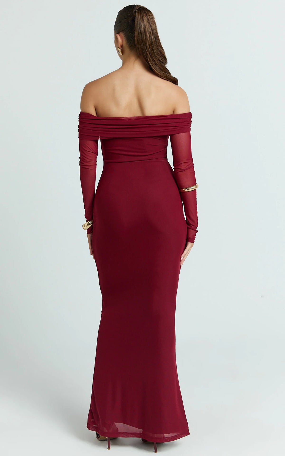 Bethanie Maxi Dress - Off The Shoulder Mesh Dress in Wine
