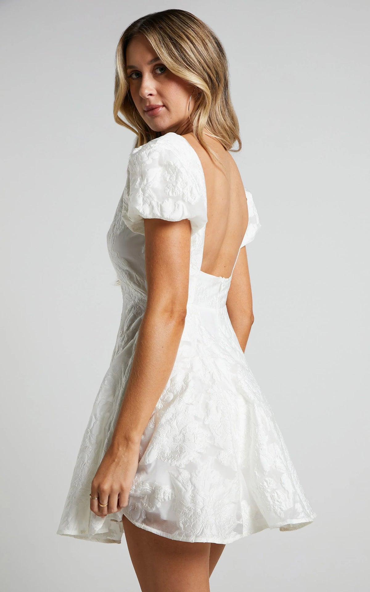 Brailey Jacquard Mini Dress - Puff Sleeve Dress in White