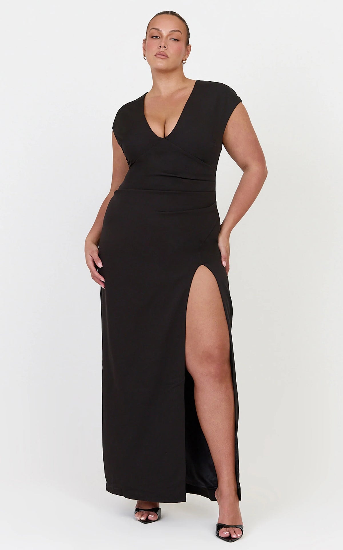 Lilo Maxi Dress - V Neck Cap Sleeve Dress in Black