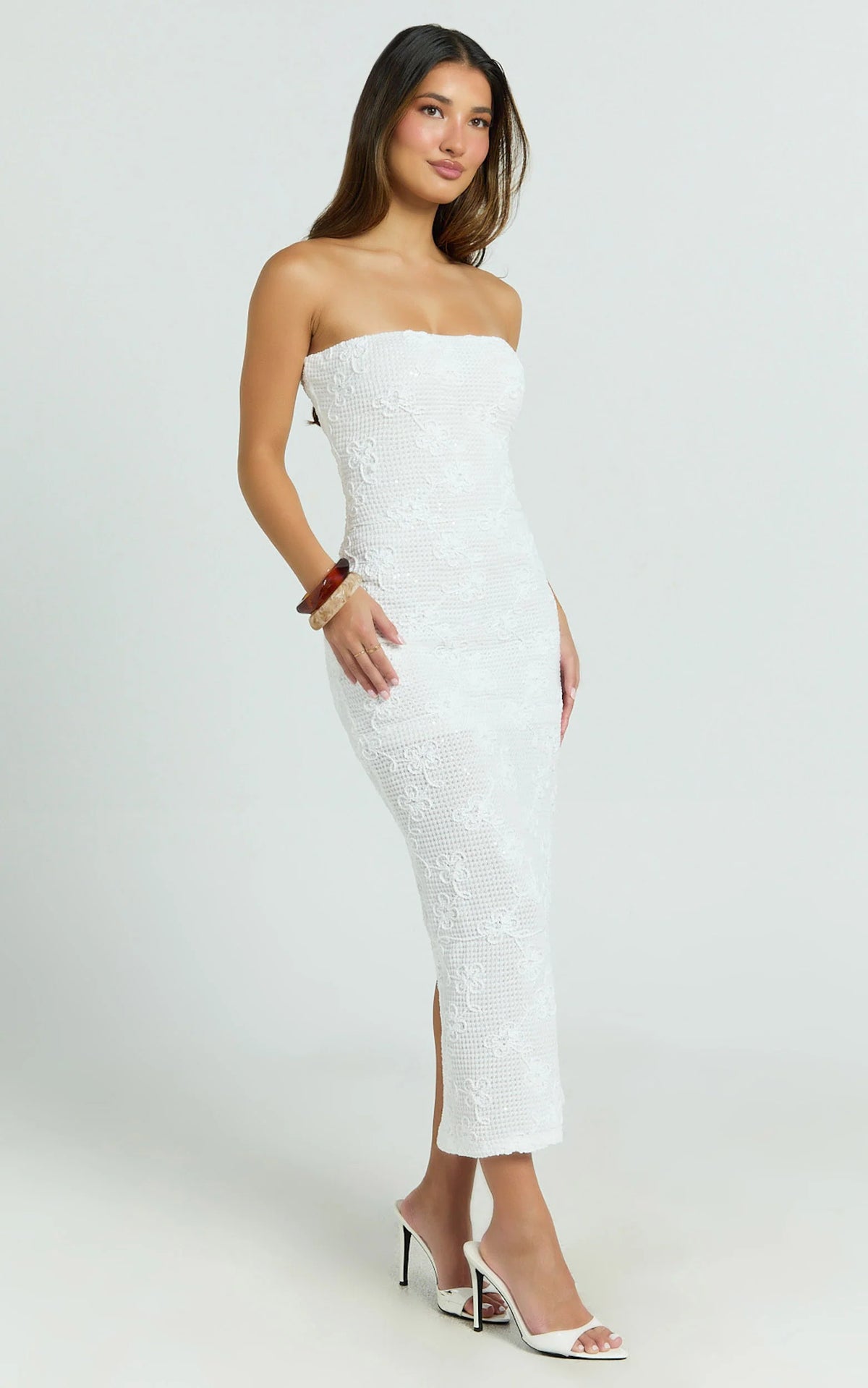 Jamil Midi Dress - Strapless Fitted Jersey Dress in White